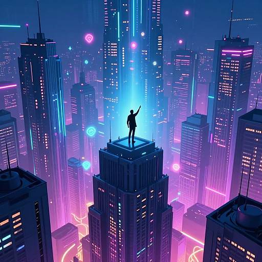 Digital art of a silhouetted figure on a skyscraper rooftop, pointing into a neon-lit, futuristic cityscape with glowing buildings and vibrant