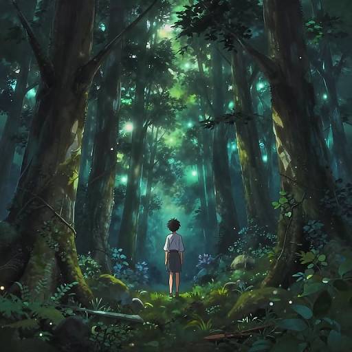 Digital anime-style artwork of a lone, dark-haired child in white shirt and shorts, standing in a magical, glowing forest.