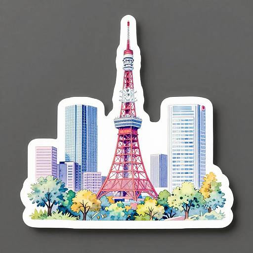 Digital illustration of Tokyo skyline featuring red Tokyo Tower surrounded by colorful trees, blue and white skyscrapers on white outline background.