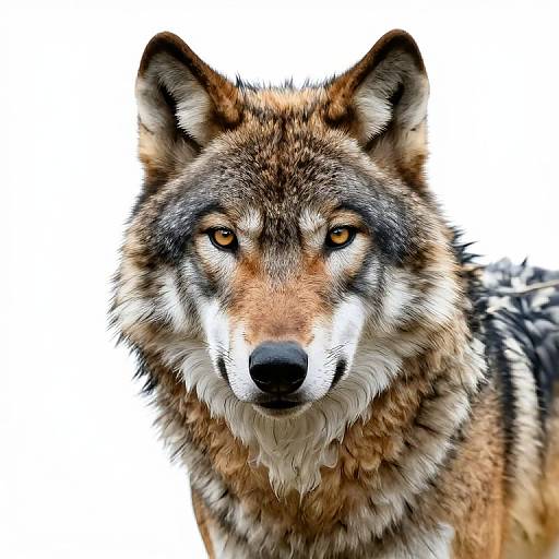 Photorealistic digital artwork of a focused, fierce gray wolf with sharp amber eyes, detailed brown and black fur, and a white muzzle against a plain