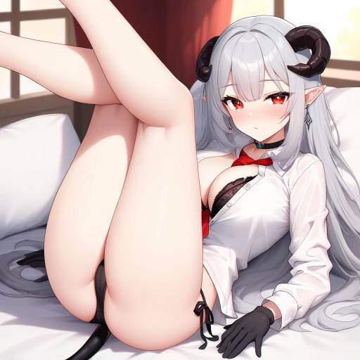 Seductive Demon Girl Lying on Bed