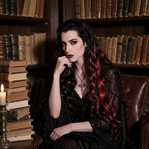 Gothic woman with long, wavy black and red hair, wearing a black lace dress, sits in a dimly lit library, surrounded by