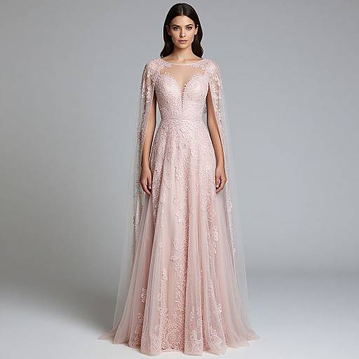 Photograph of a woman with dark hair in a floor-length, lace-covered, pale pink wedding gown with sheer sleeves, standing against a plain gray background