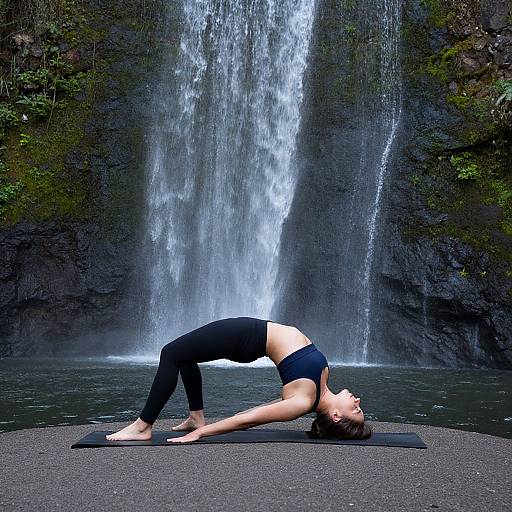 Photograph of a woman with brown hair in black workout clothes, performing a backbend yoga pose on a black mat in front of a cascading