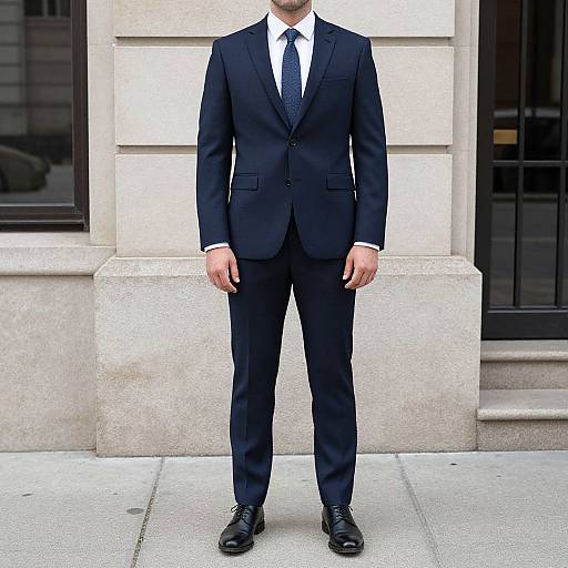 Photograph of a man standing in front of a building, wearing a black suit, white shirt, black tie, and black shoes.