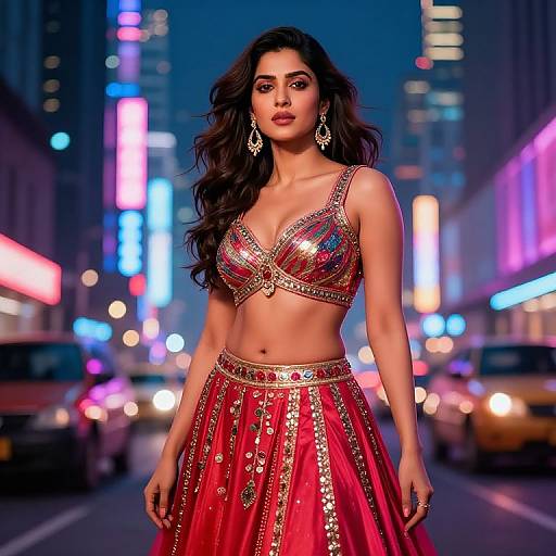 Photograph-style digital artwork of a beautiful South Asian woman in a glittery red traditional outfit, standing in a neon-lit urban street at night,