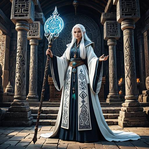 Elegant White-Haired Mage in Fantasy Scene