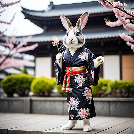 Rabbit in Kimono Holding Cherry Blossom