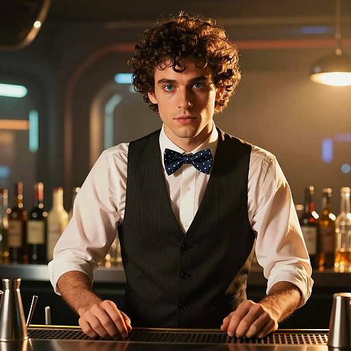 Cyberpunk Italian Bartender in Futuristic Bar