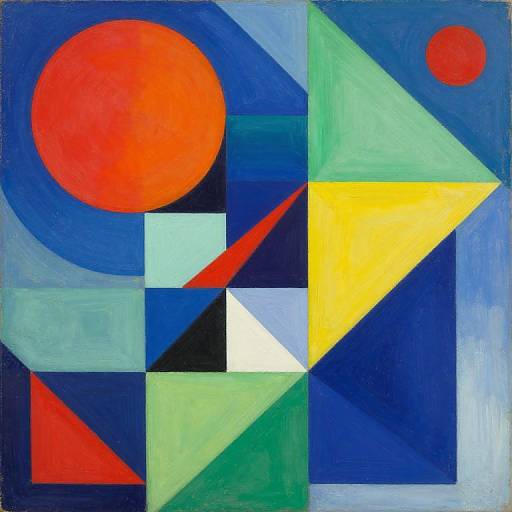 Abstract geometric painting featuring a large red circle, smaller red dot, yellow triangle, and various blue, green, and black squares.