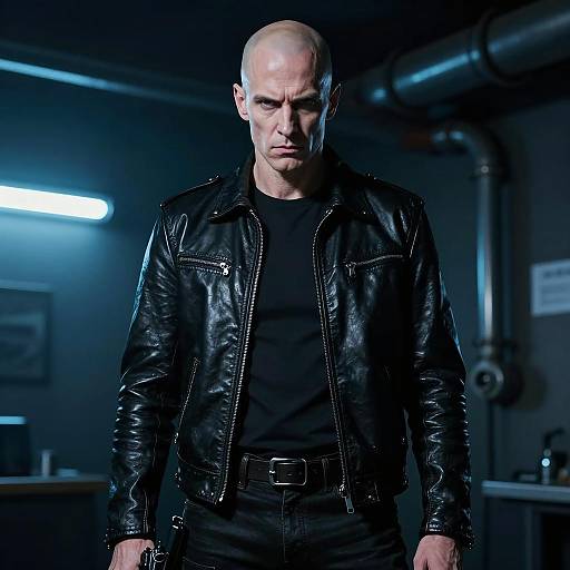 Intense Bald Man in Dark Setting