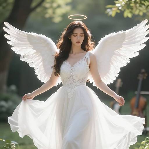 Photograph of a fair-skinned woman with long dark hair, wearing a white lace dress and glowing angel wings, halo above head, standing in a