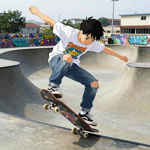 Young skateboarder with black hair, wearing a white graphic tee and ripped jeans, performs a trick in a colorful, sunlit skate park.