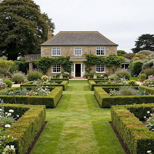 Photograph of a charming, two-story stone house with ivy-covered walls, surrounded by a lush, symmetrical, green garden with manicured h