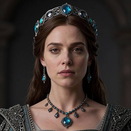 Photograph of a stern-faced, fair-skinned woman with dark brown hair, wearing an elaborate blue gemstone crown, matching earrings, and necklace,