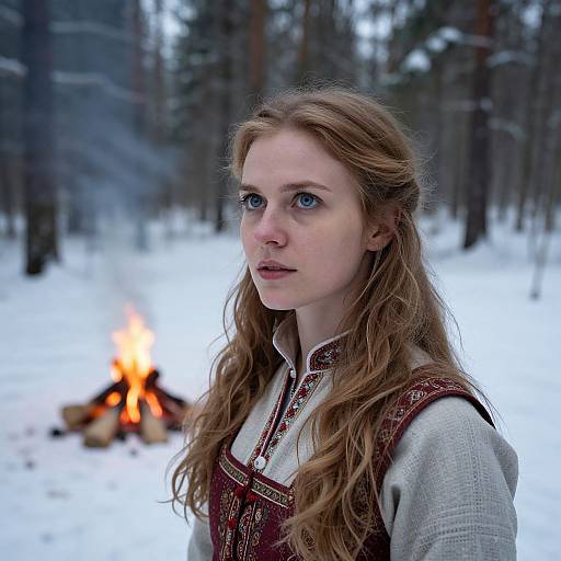 Hyperrealistic European Woman in Snowy Forest