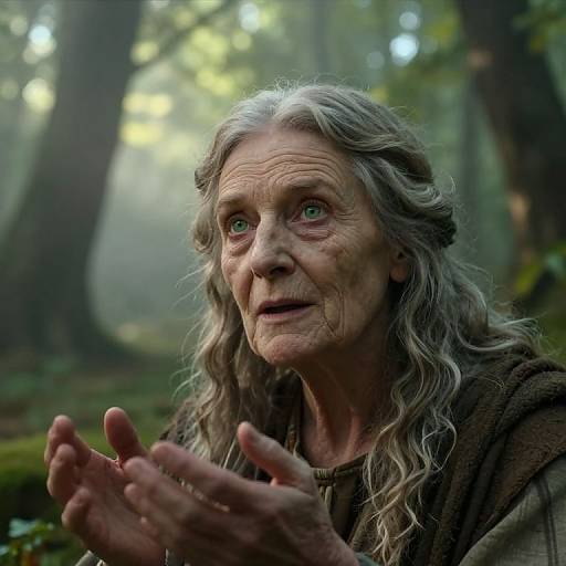 Photograph of an elderly woman with long, wavy gray hair and green eyes, hands raised in a forest with sunlight filtering through trees. She wears