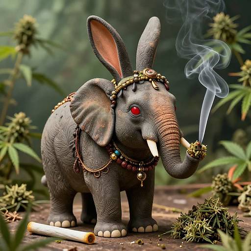 Digital artwork of a decorated gray elephant with red eyes, smoking a cigarette, adorned with jewelry, surrounded by cannabis plants.