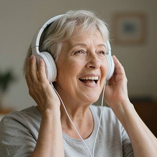 Photograph of smiling elderly woman with short gray hair, wearing white headphones, gray shirt, and white earbuds, enjoying music indoors.