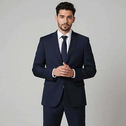 Photograph of a handsome, bearded man with short dark hair, wearing a black suit, white shirt, and black tie, standing against a plain
