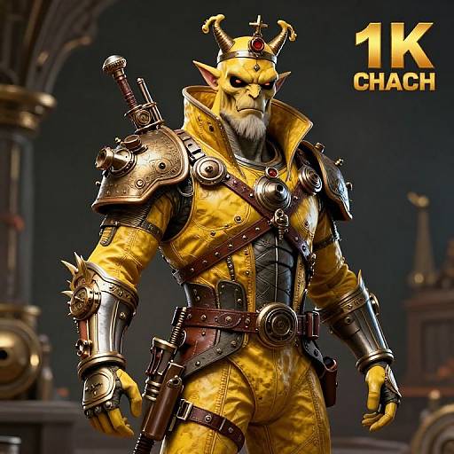 CGI image of a muscular, horned, bearded demon knight in yellow armor with metal shoulder plates, belt, and sword, labeled 