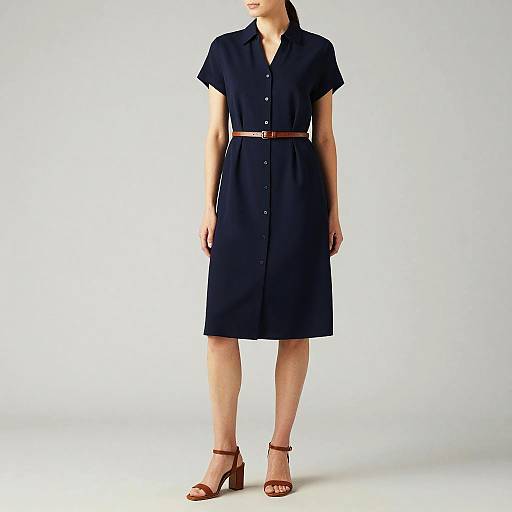 Photograph of a woman in a navy blue, short-sleeve, knee-length dress with a brown belt and brown high-heeled sandals, standing