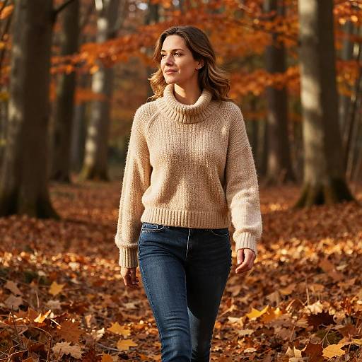 Photograph of a woman with wavy brown hair, wearing a beige turtleneck sweater and blue jeans, walking through an autumn forest with orange leaves
