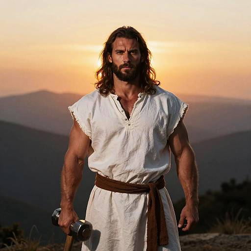 Muscular Bearded Warrior at Sunset