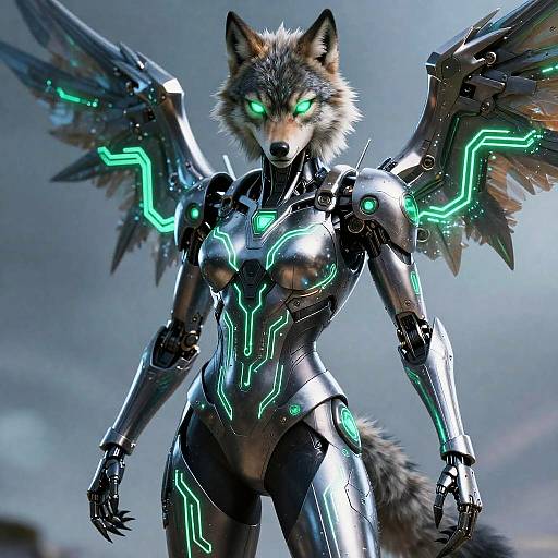 Cybernetic Wolf Girl with Neon Wings