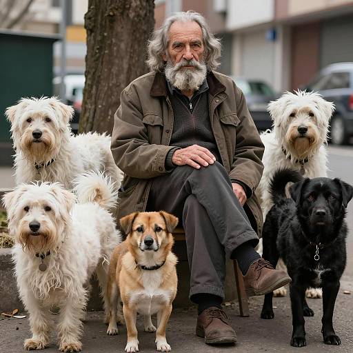 Elderly Man Surrounded by Five Dogs