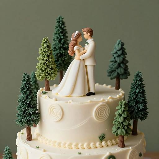 Photograph of a wedding cake with white fondant, green tree toppers, and brown-trimmed couple kissing, set against a gray background.
