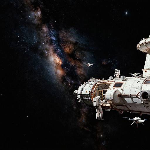 Astronauts Inspecting Space Station in Deep Space