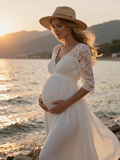 Pregnant Woman in White Maternity Dress by the Lake