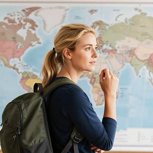 Focused Blonde Woman Against World Map
