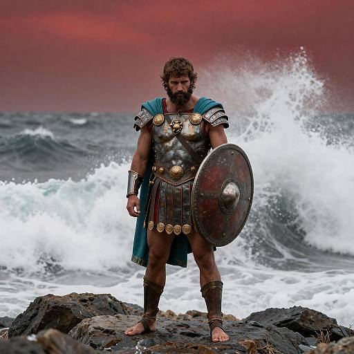 Ancient Greek Warrior on Rocky Shore