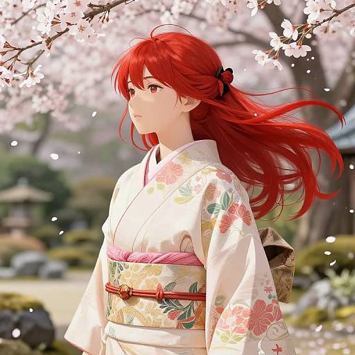Digital anime-style drawing of a red-haired woman in a white floral kimono with a pink obi, standing under cherry blossoms.