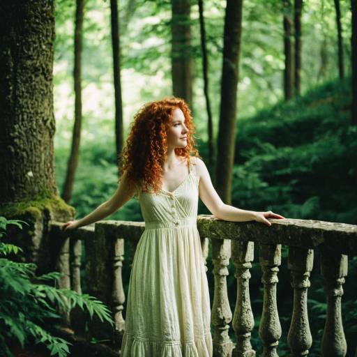Young Woman in Forest by Stone Railing