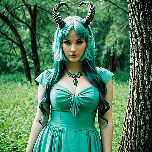 Woman in Horned Aqua Hair Cosplay Dress in Forest