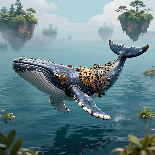 Digital artwork of a steampunk whale with gears and cogs, swimming in a mystical, blue ocean surrounded by floating islands.