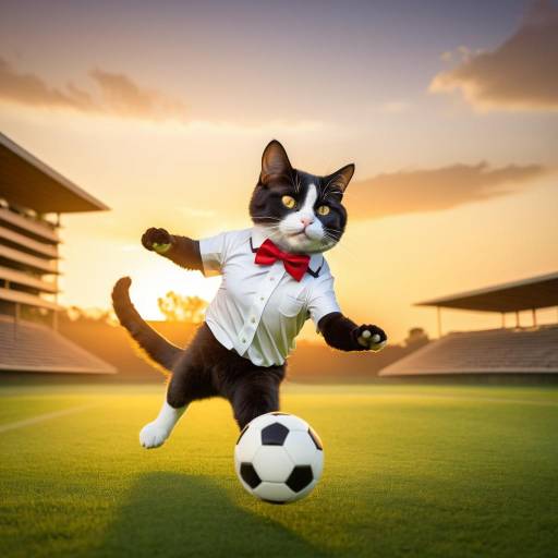 Playful Cat in Bowtie Kicks Soccer
