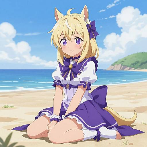 Digital anime drawing of a blonde, cat-eared girl with purple eyes, wearing a blue and white sailor-style dress, kneeling on a sunny beach with