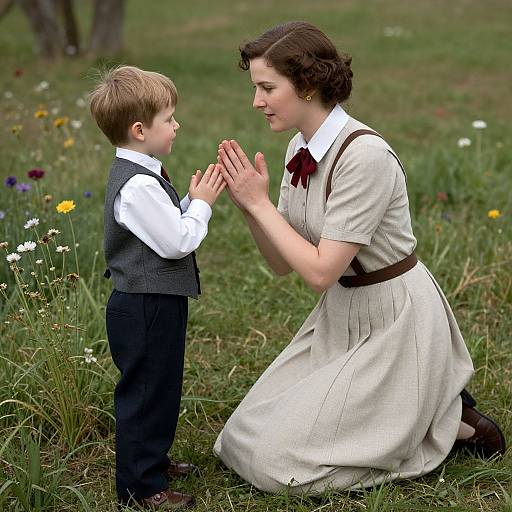 Photograph of a young boy and woman kneeling in a grassy meadow, clasping hands, both dressed in vintage white and gray attire, surrounded