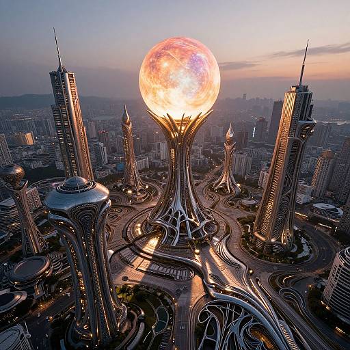 Photograph of futuristic cityscape at sunset, featuring a glowing, orb-like structure centered among towering, sleek skyscrapers with intricate road networks.