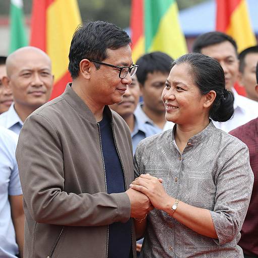 Man and Woman Holding Hands with Crowd and Flags