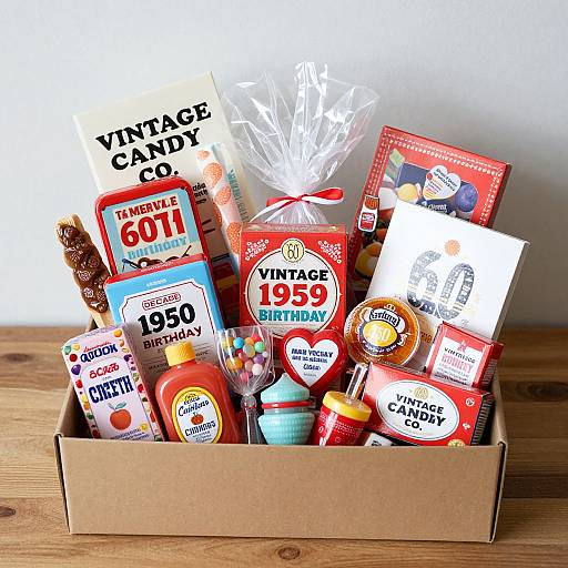 Photograph of a brown cardboard box filled with vintage-style candy packages, including Nutcase Candy, Triple 61, and 1959 Birthday, on