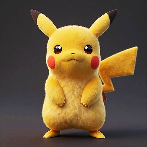 CGI image of a fluffy, yellow Pikachu with black-tipped ears, red cheeks, and a lightning bolt-shaped tail, standing against a dark blue