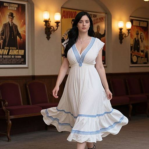 Photograph of a curvy woman with long black hair in a white dress with blue trim, walking in a vintage-themed room with wall sconces