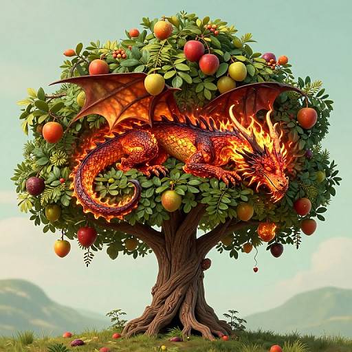 Digital artwork of a fiery red dragon with orange wings curled inside a lush apple tree, surrounded by colorful apples and green leaves, set against a bright blue