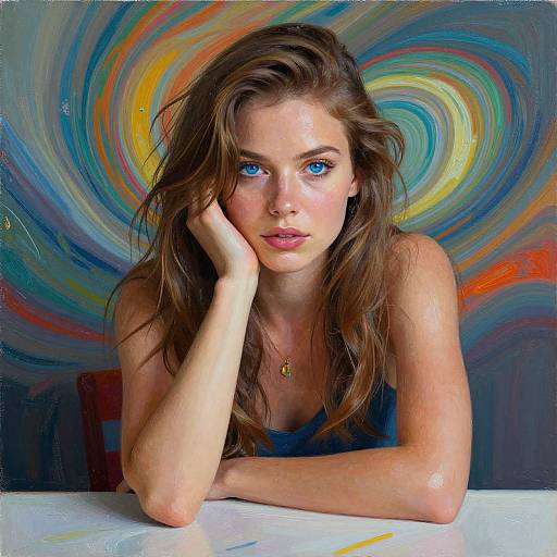 Digital painting of a pensive young woman with blue eyes, long brown hair, and a necklace, leaning on a table against a vibrant, swirling colorful