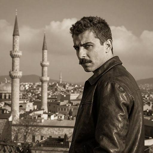 Defiant Man Against a Sepia Cityscape